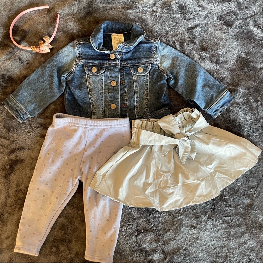 Bundle of Jean jacket, skirt and warm leggings and headband size 6-12 months